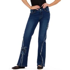 Forever 21 Womens Denim Pants with Rhinestones and Embroidered Back Pocket(Blue)