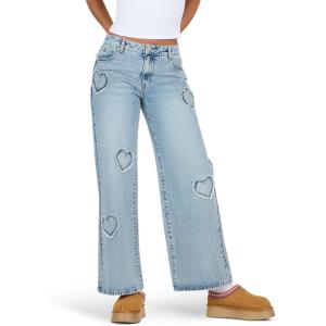 Forever 21 Women’s Low Waist Wide Leg Denim Jeans with Heart Patch Details(Blue)
