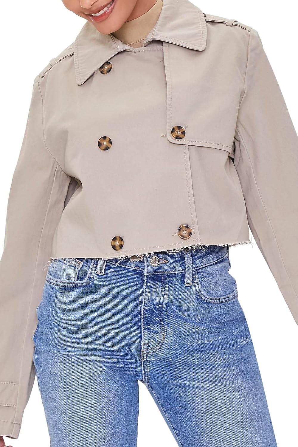 image:imageForever 21 womens Cropped Doublebreasted Twill JacketKhaki