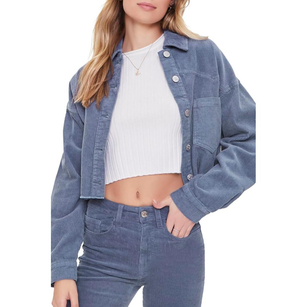 image:imageForever 21 womens Corduroy Frayed Cropped ShacketSteeple Grey