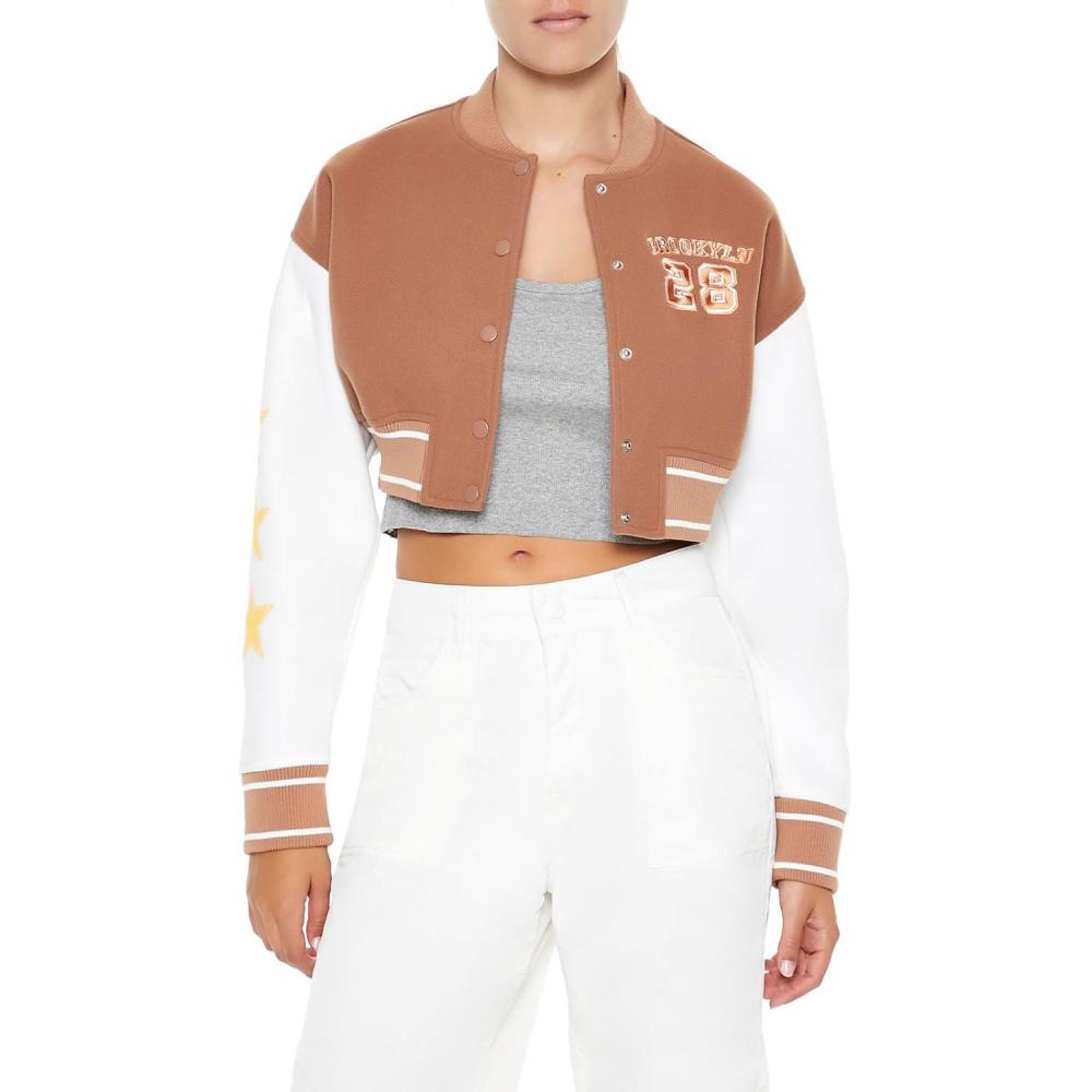 image:imageForever 21 womens Cropped Varsity Letterman JacketCamel