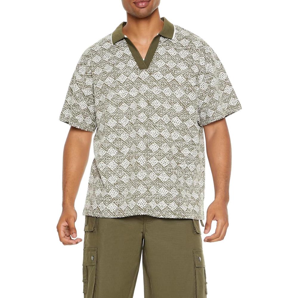 image:imageForever 21 Mens Textured Geo VNeck Polo ShirtOlive