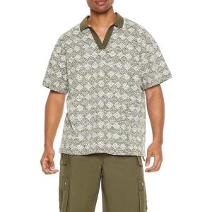 Forever 21 Mens Textured Geo V-Neck Polo Shirt(Olive)