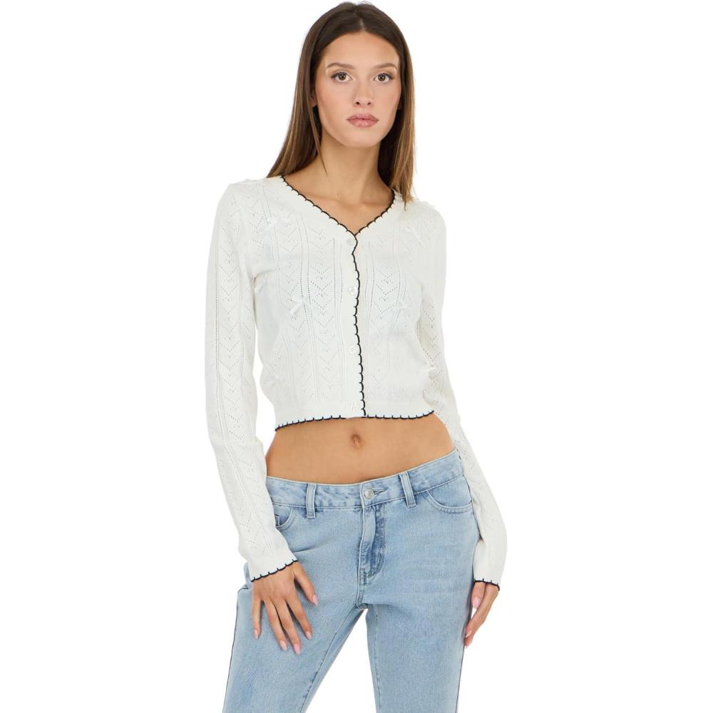 image:imageForever 21 Womens Pointelle Cardigan Sweater with Scalloped HemIvory