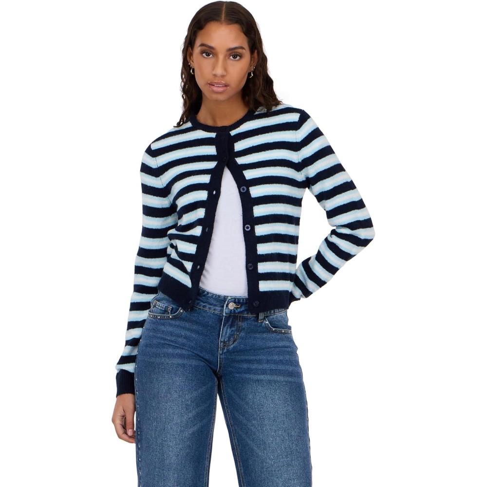 image:imageForever 21 Womens Striped Cardigan Sweater Classic Knit Long Sleeve Button Front Layer for Casual and Everyday WearNavy