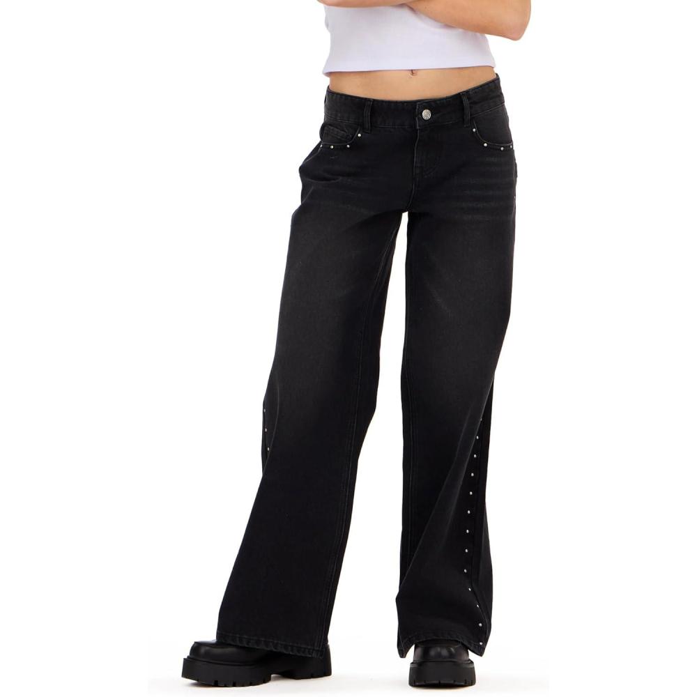 image:imageForever 21 Womens Low Rise Wide Leg Denim Pant with Stud DetailsBlack