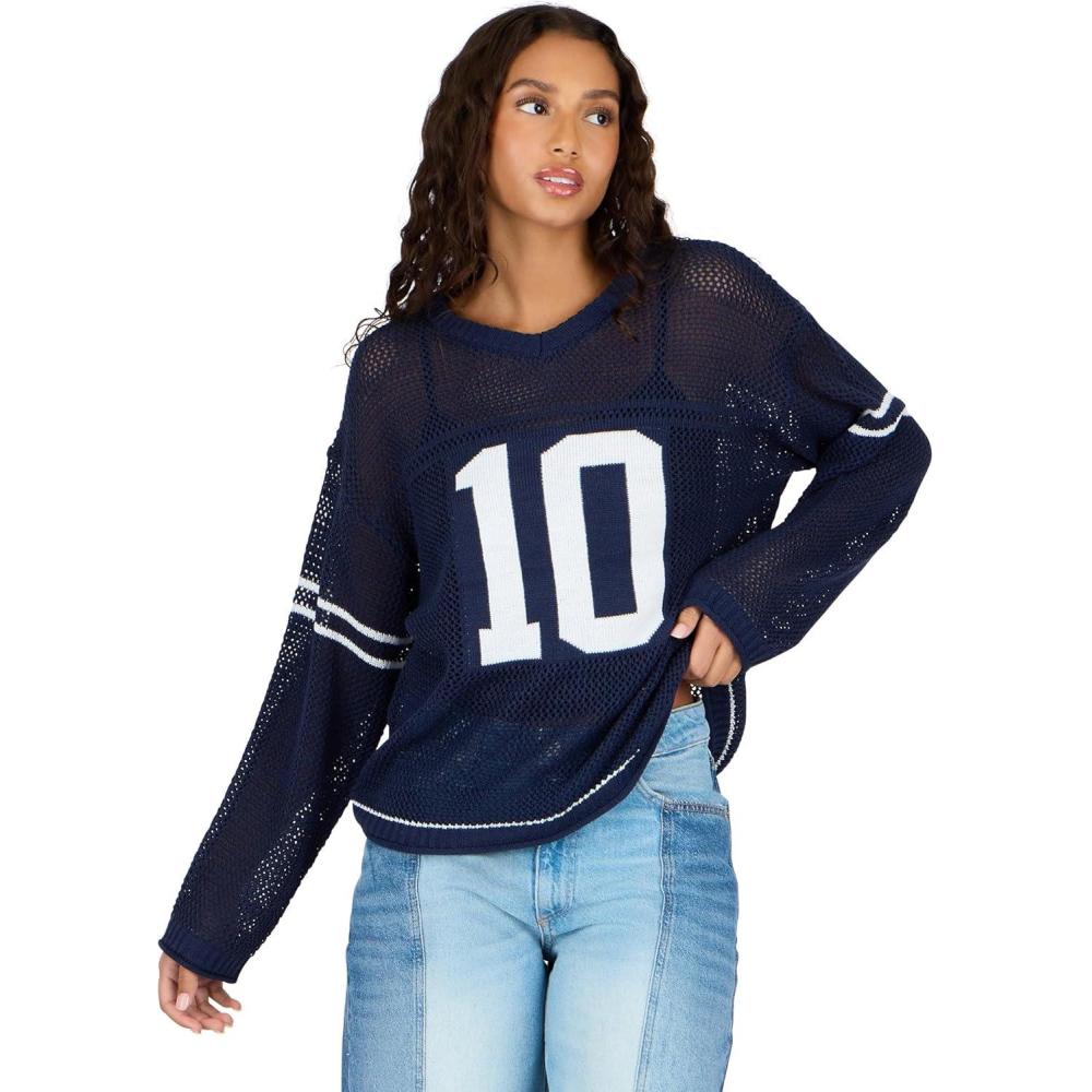 image:imageForever 21 Womens Off Shoulder Crochet Oversize Sweater with Intarsia Graphic on FrontNavy
