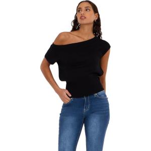 Forever 21 Women’s Off The Shoulder Short Sleeve Sweater with Rib Waist(Black)