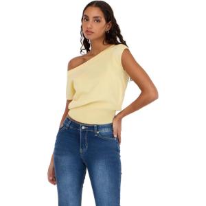 Forever 21 Women’s Off The Shoulder Short Sleeve Sweater with Rib Waist(Yellow)