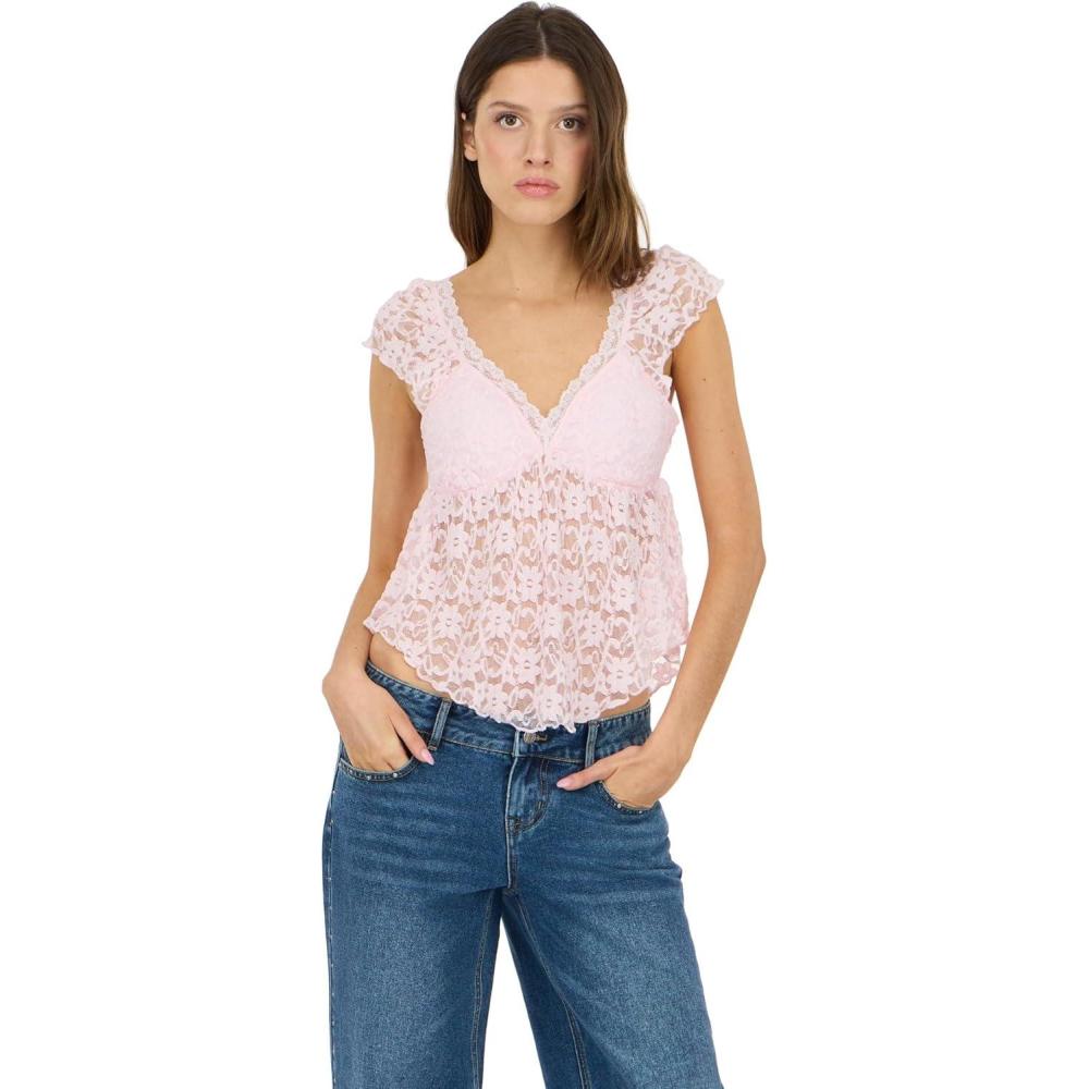 image:imageForever 21 Womens Frill Lace Top with VNeckline Pleated Hem Petal Sleeves and Builtin BraPink