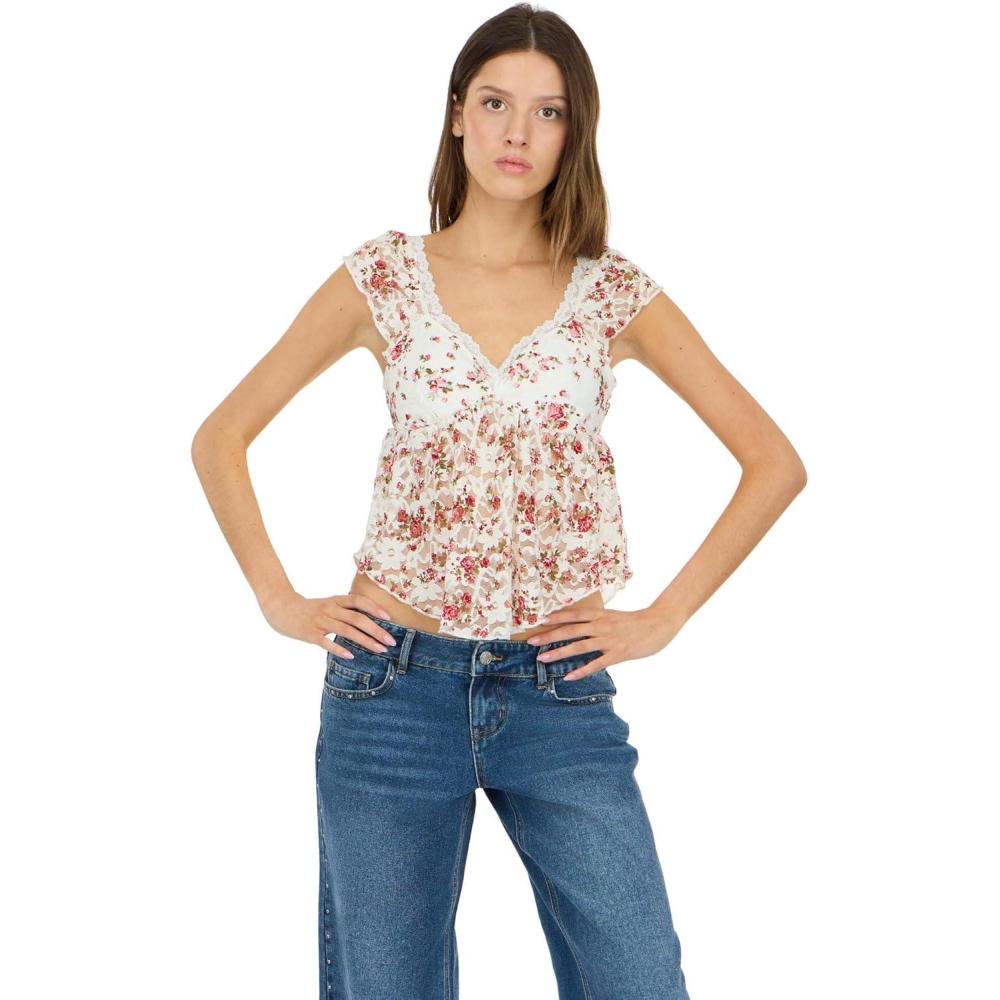 image:imageForever 21 Womens Frill Lace Top with VNeckline Pleated Hem Petal Sleeves and Builtin BraWhite