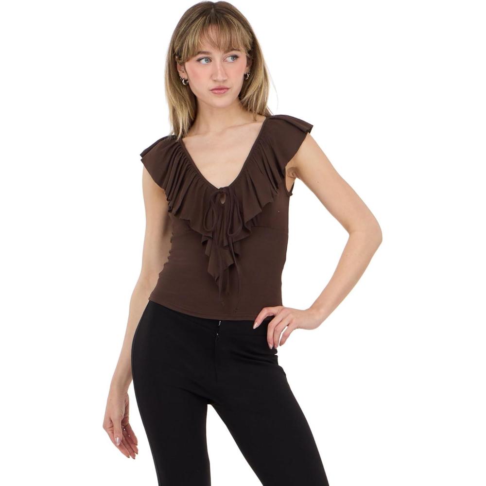 image:imageForever 21 Womens V Neck Top with Self Fringe and TieBrown