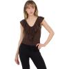 Forever 21 Womens V Neck Top with Self Fringe and Tie(Brown)