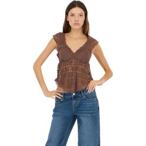 Forever 21 Women’s Frill Lace Top with V-Neckline Pleated Hem Petal Sleeves and Built-in Bra(Brown)