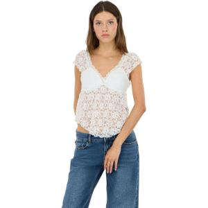 Forever 21 Women’s Frill Lace Top with V-Neckline Pleated Hem Petal Sleeves and Built-in Bra(Ivory)