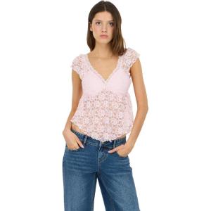 Forever 21 Women’s Frill Lace Top with V-Neckline Pleated Hem Petal Sleeves and Built-in Bra(Pink)
