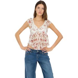 Forever 21 Women’s Frill Lace Top with V-Neckline Pleated Hem Petal Sleeves and Built-in Bra(White)