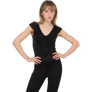 Forever 21 Womens V Neck Top with Self Fringe and Tie(Black)