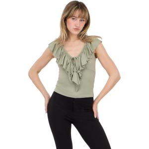 Forever 21 Womens V Neck Top with Self Fringe and Tie(Green)