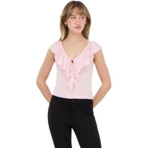 Forever 21 Womens V Neck Top with Self Fringe and Tie(Pink)
