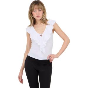 Forever 21 Womens V Neck Top with Self Fringe and Tie(White)