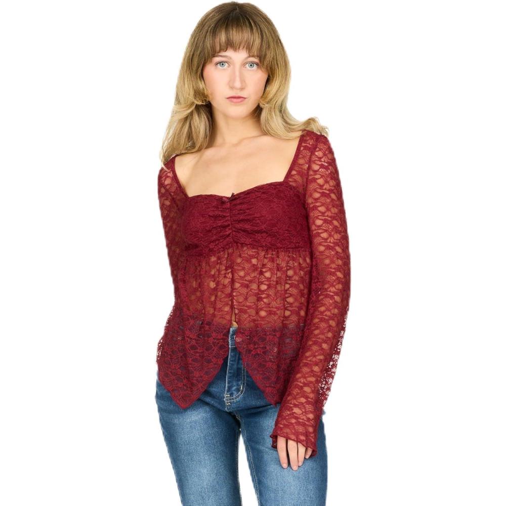 image:imageForever 21 Long Sleeve lace Asymmetric Hem Flyaway topBurgundy