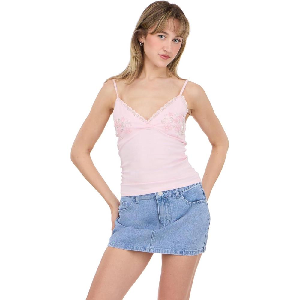 image:imageForever 21 Womens Beaded V Neck Top with Lace TrimPink