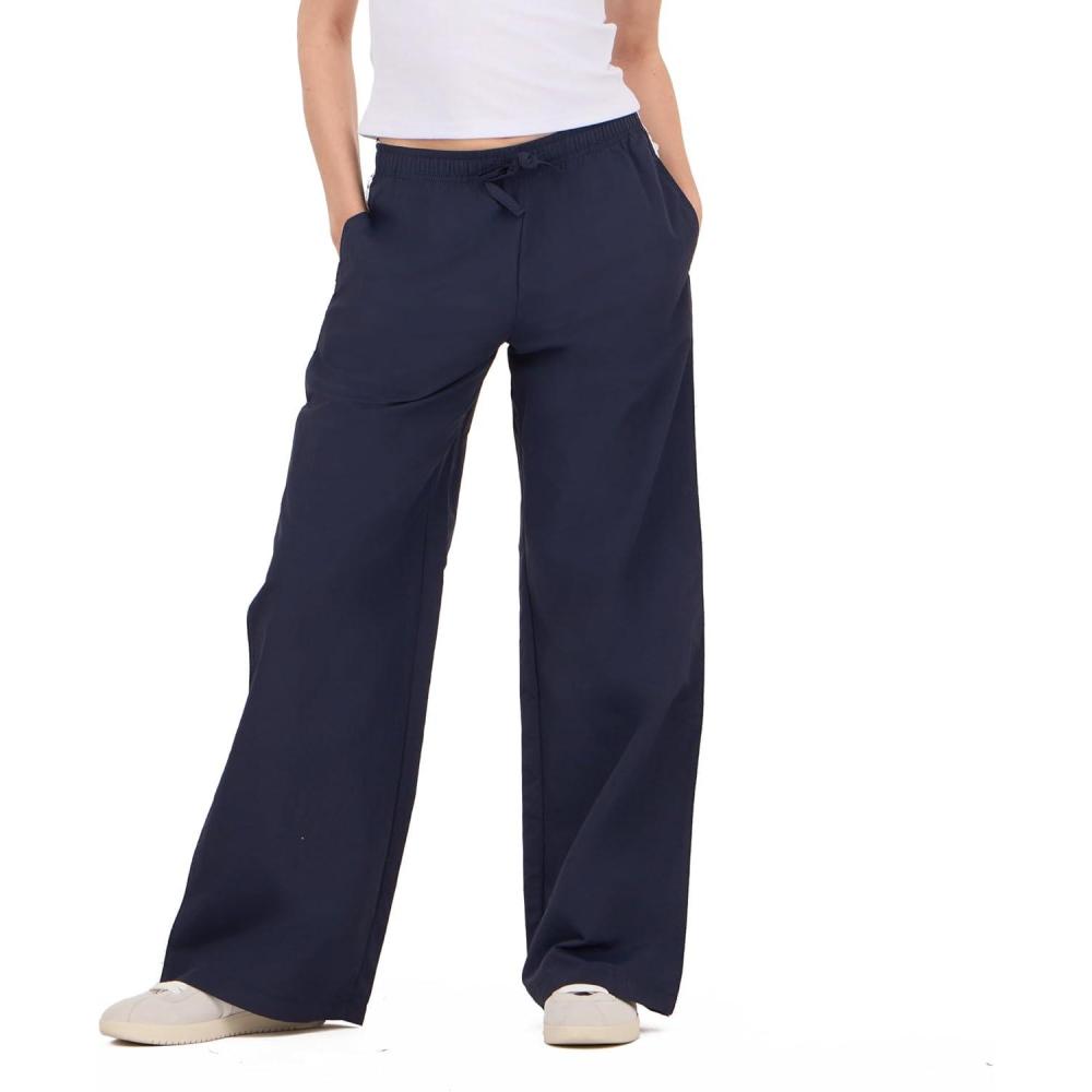 image:imageForever 21 Womens Nylon Wide Leg Pants with Lace Trim Side DetailNavy