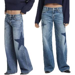 Forever 21 Womens Denim Pants with Laser Print Stars and Stud Detail(Blue)