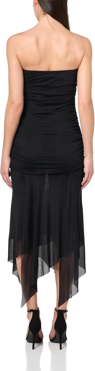 image:imageForever 21 Womens Strapless Ruched Bodice Drop Waist Mesh Maxi Dress with Asymmetric HemBlack