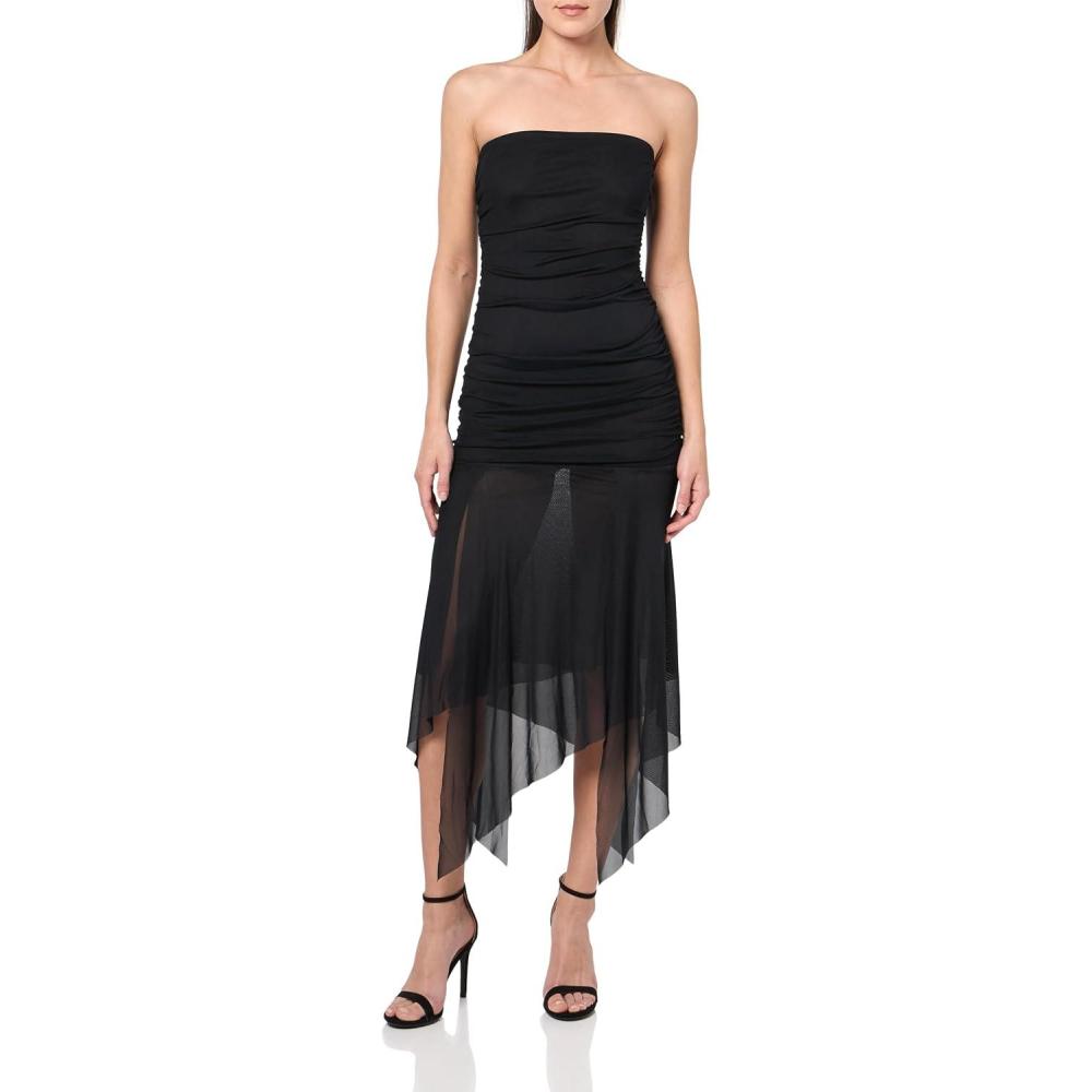 image:imageForever 21 Womens Strapless Ruched Bodice Drop Waist Mesh Maxi Dress with Asymmetric HemBlack