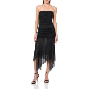 Forever 21 Women’s Strapless Ruched Bodice Drop Waist Mesh Maxi Dress with Asymmetric Hem(Black)