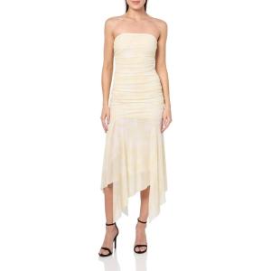 Forever 21 Women’s Strapless Ruched Bodice Drop Waist Mesh Maxi Dress with Asymmetric Hem(Yellow)