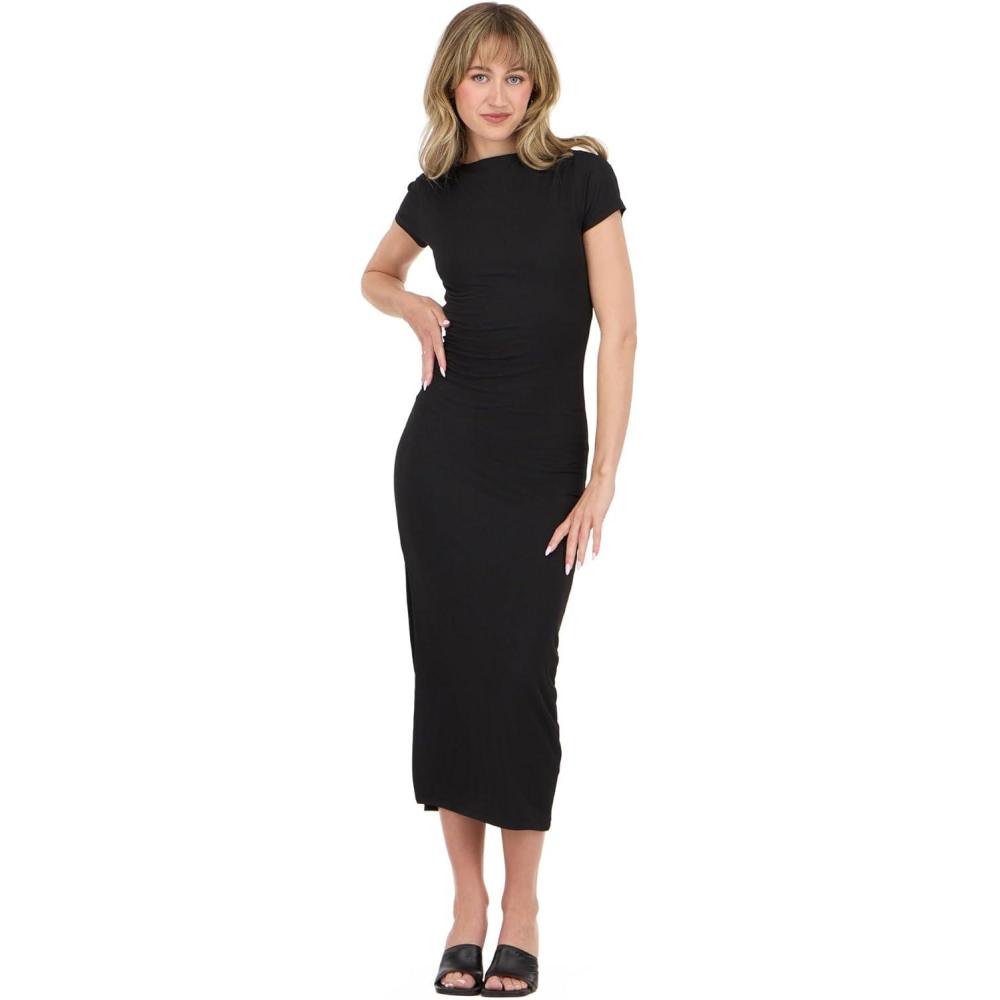 image:imageForever 21 Womens Short Sleeve Boatneck Midi Dress with Side Slit Black XS