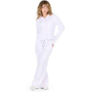 Forever 21 Women’s Pj Set – Button Down Shirt and Drawstring Pants With Piping and Aop(White)