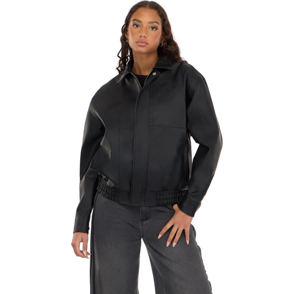 image:imageForever 21 Womens Bomber Jacket With Zip Front Faux Leather OuterwearBlack