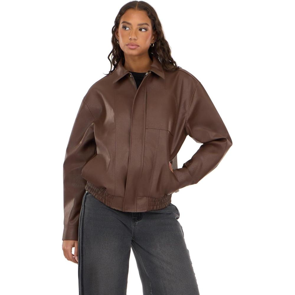 image:imageForever 21 Womens Bomber Jacket With Zip Front Faux Leather OuterwearBrown