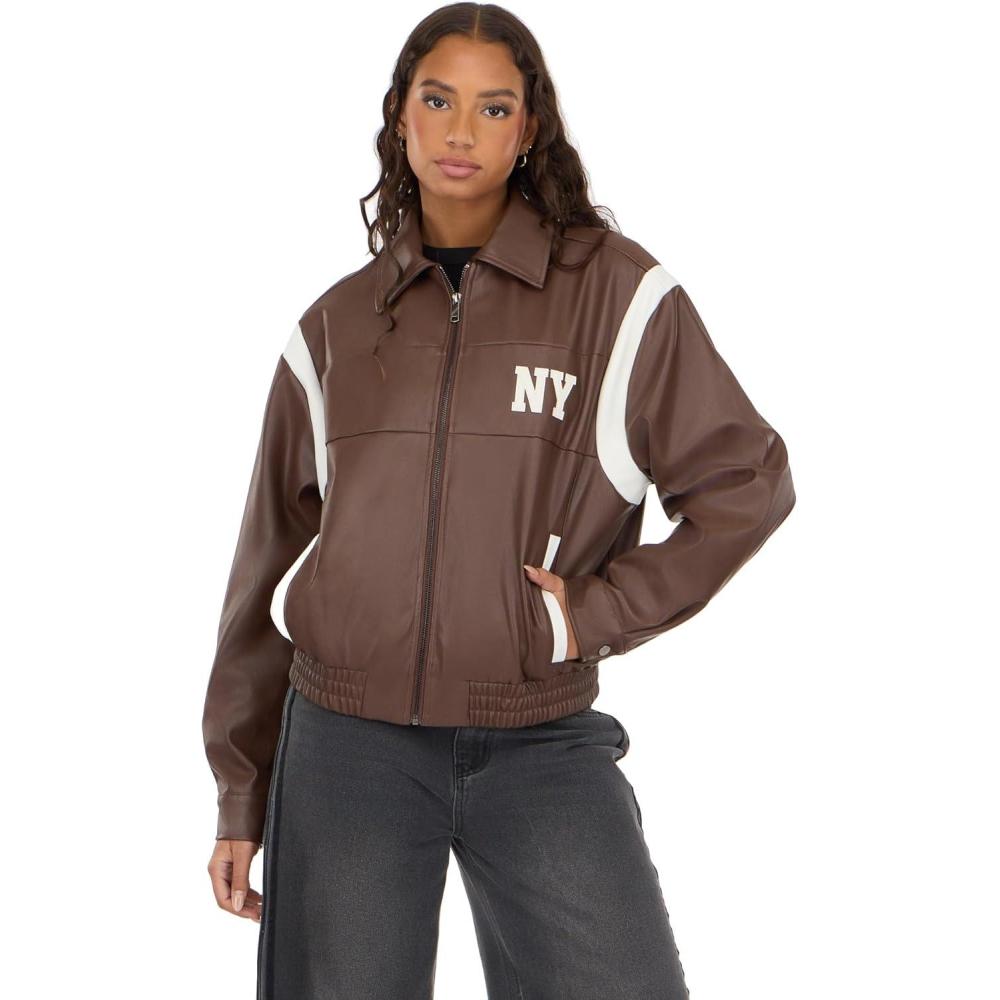 image:imageForever 21 Womens Oversized Pu Jacket With Self Patch DetailsBrown