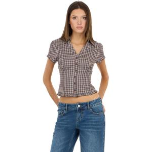 Forever 21 Women’s Collared Button-Down Top with Ruffle Hem and Cinched Under-Bust Line(Brown)