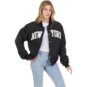Forever 21 Women’s Nylon Bomber Jacket With Patch Graphics(Black)