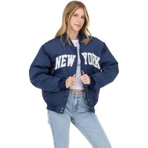 Forever 21 Women’s Nylon Bomber Jacket With Patch Graphics(Navy)