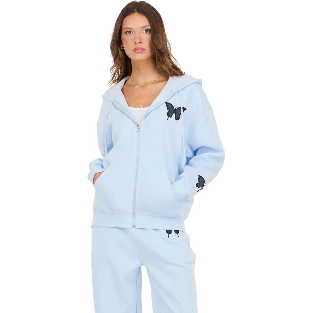 image:imageForever 21 Womens Zipup Hoodie With Graphic Patches Soft Fleece SweatshirtBlue