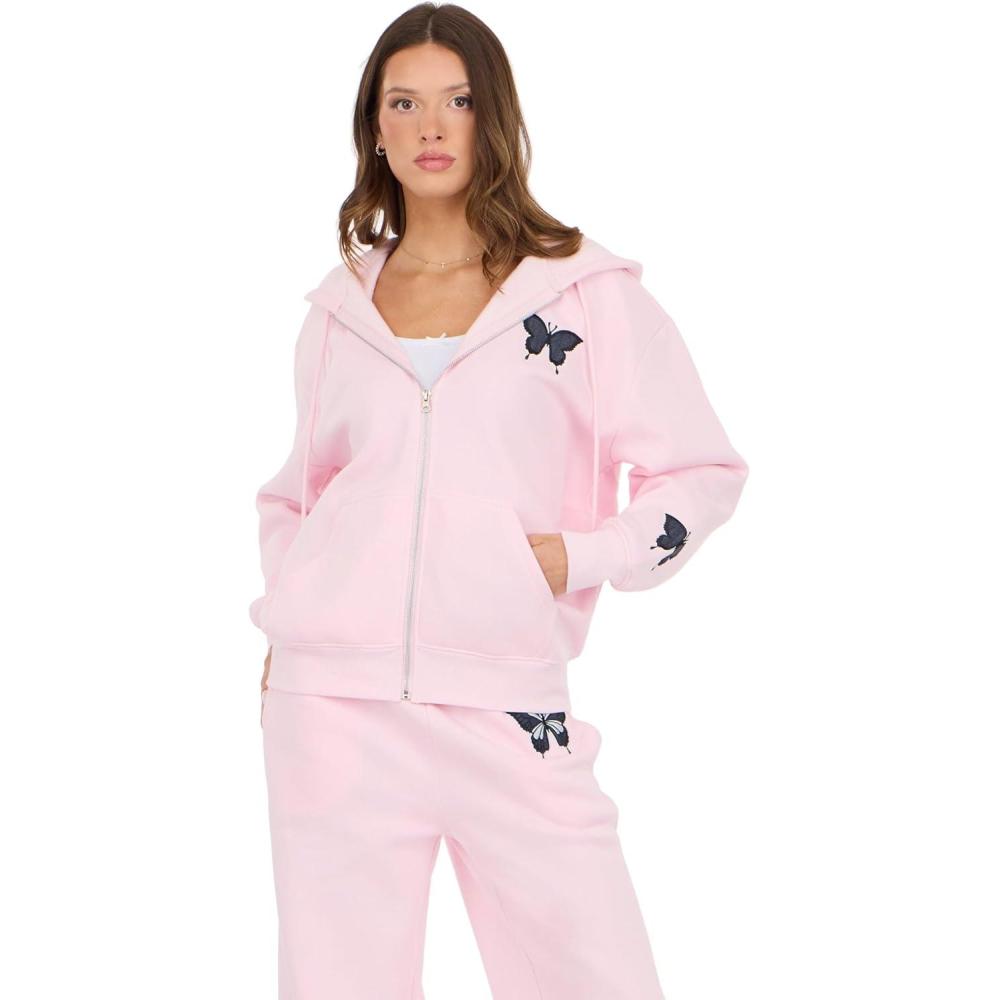 image:imageForever 21 Womens Zipup Hoodie With Graphic Patches Soft Fleece SweatshirtPink