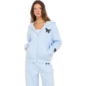 Forever 21 Women’s Zip-up Hoodie With Graphic Patches Soft Fleece Sweatshirt(Blue)