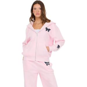 Forever 21 Women’s Zip-up Hoodie With Graphic Patches Soft Fleece Sweatshirt(Pink)