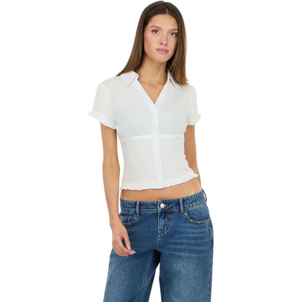 image:imageForever 21 Womens Collared ButtonDown Top with Ruffle Hem and Cinched UnderBust LineWhite