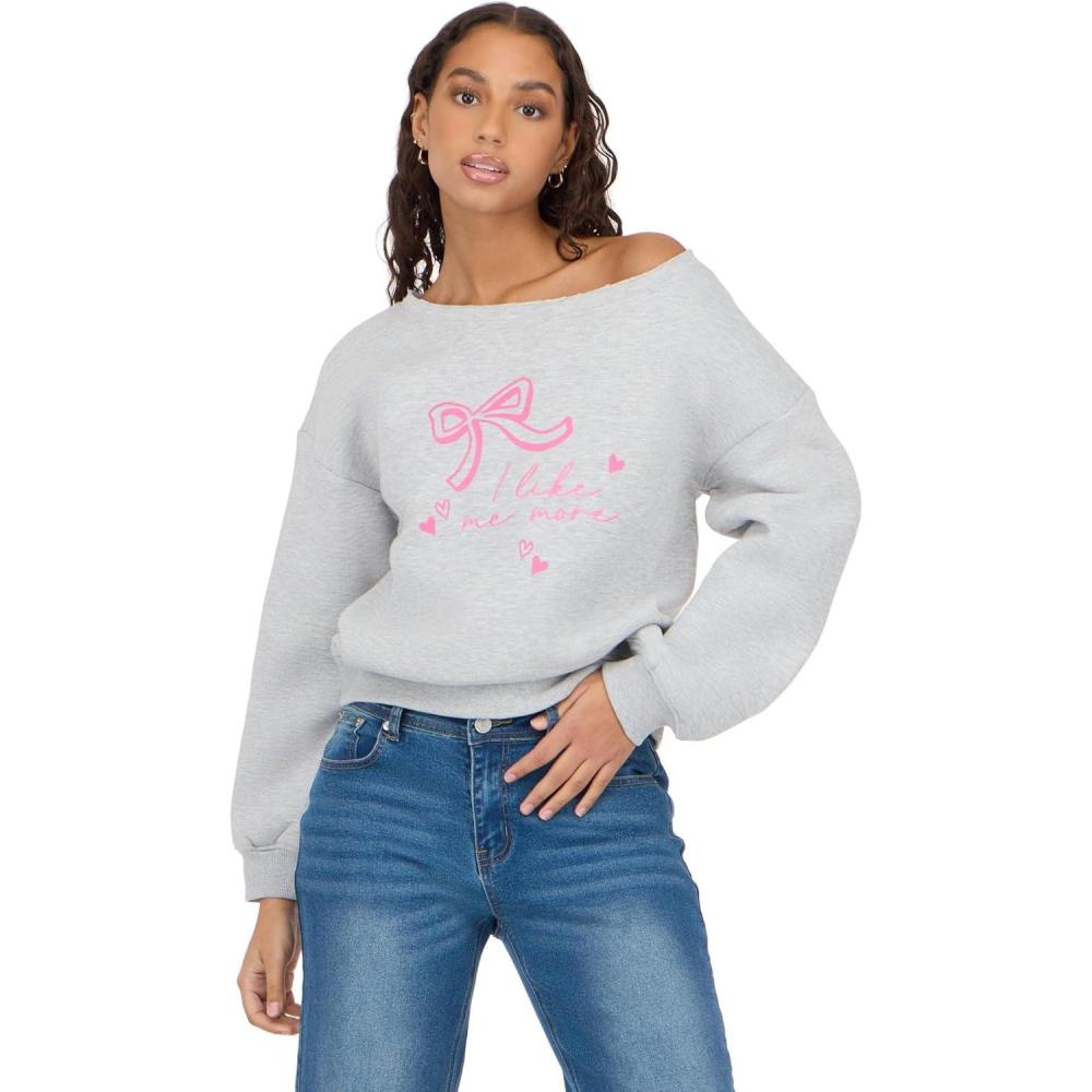 image:imageForever 21 Womens Off the Shoulder Sweatshirt With Screens amp EmbroideryLight Heather Grey