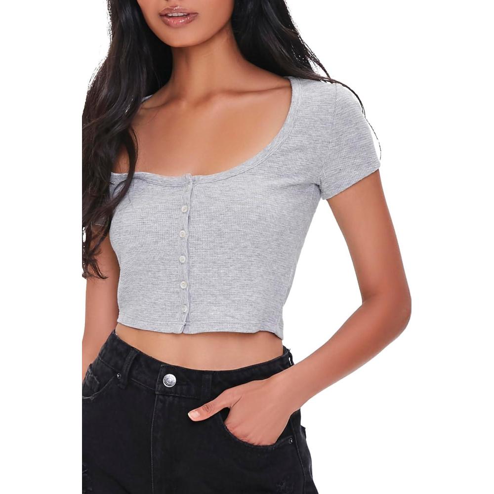 image:imageForever 21 Womens ButtonFront Crop TopHeather Grey