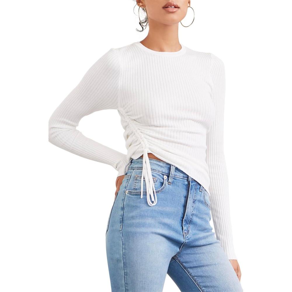 image:imageForever 21 Womens Ribbed Ruched Drawstring SweaterCream