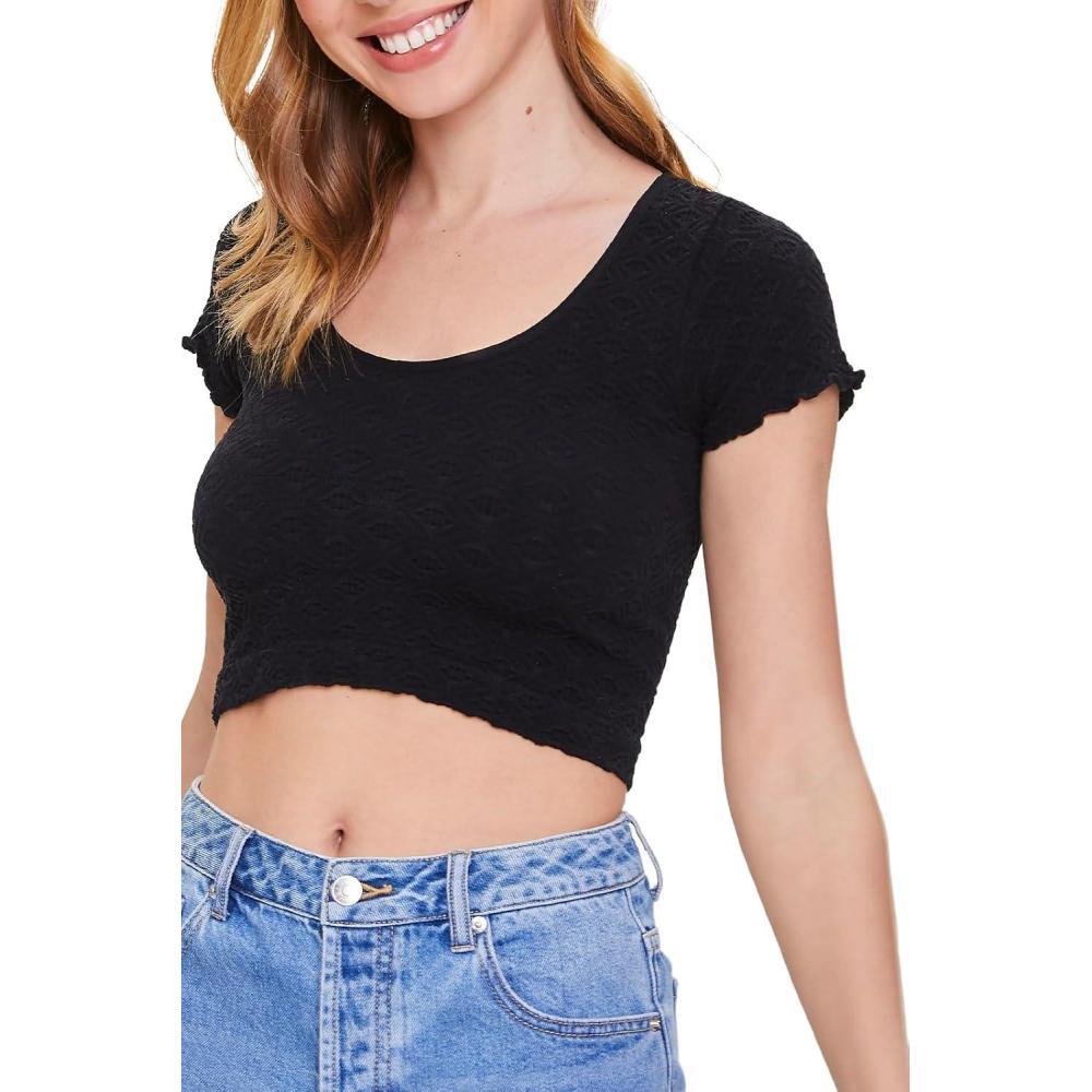 image:imageForever 21 Womens Textured LettuceEdge Cropped TeeBlack